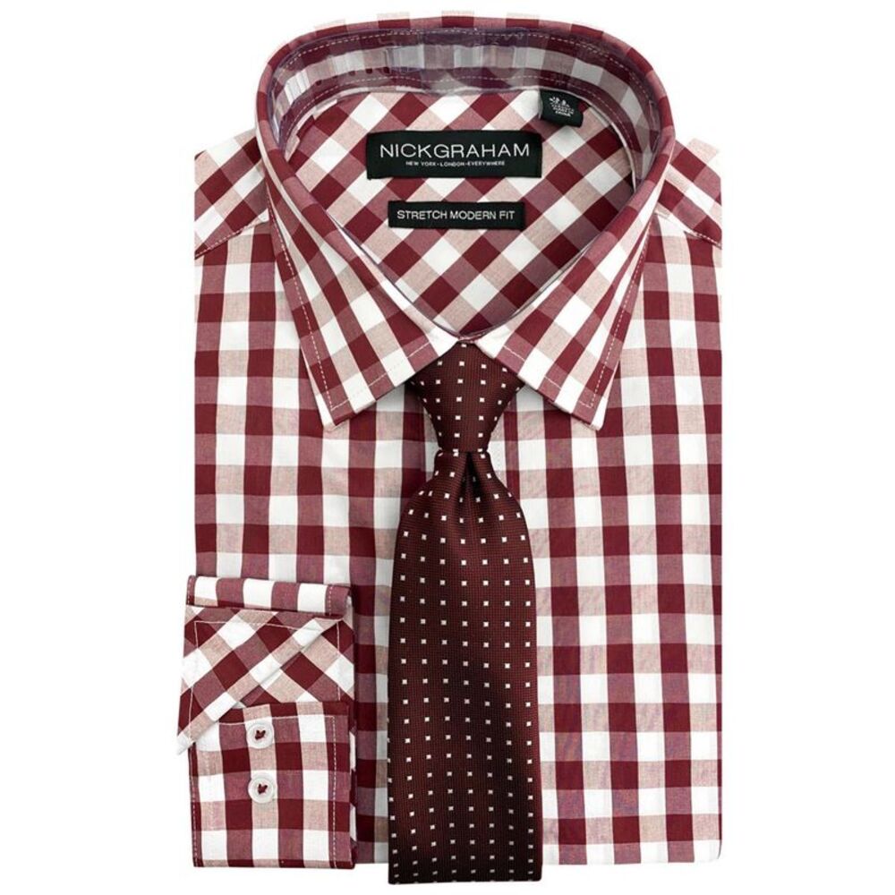 Nick Graham Mens Tie Set Button Down Dress Shirt, Red, 15.5 Neck, MP